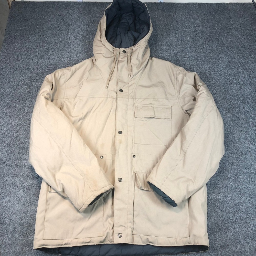 Vtg London Fog Hooded Tan Canvas Barn Chore Work Coat Jacket Lined 43 Regular‎